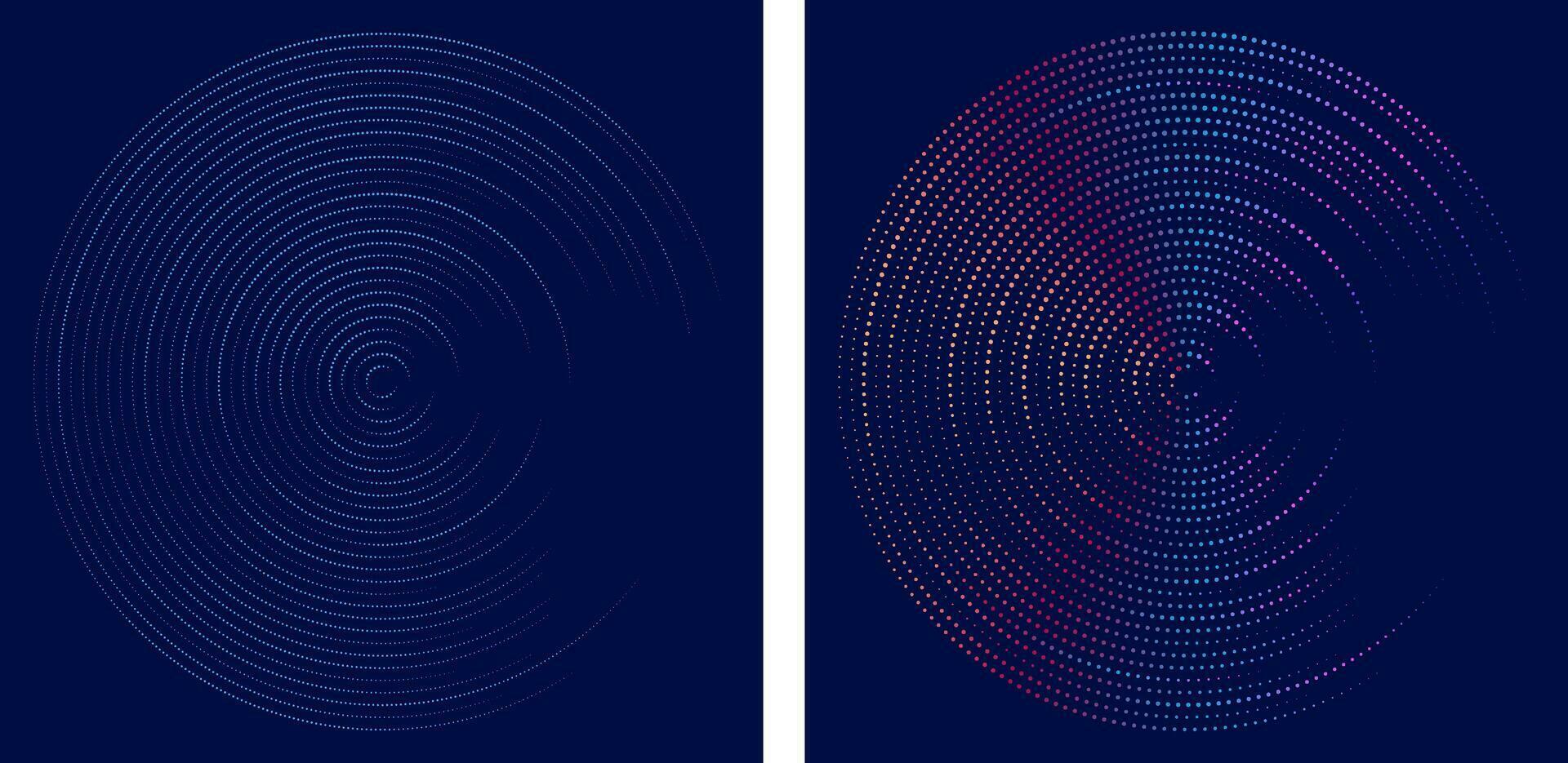 two different vector of circles with dots and different colors blue background design set, fingerprint effect with dot round circle