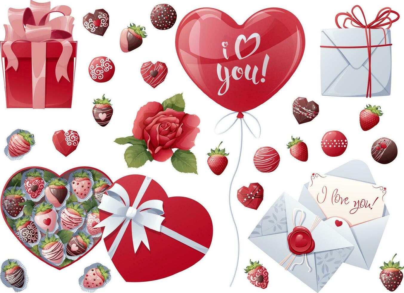 Set of elements for Valentine's Day, wedding. Clip art for holiday cards, banners, flyers. Stickers of roses, ball, strawberries on an isolated background. vector