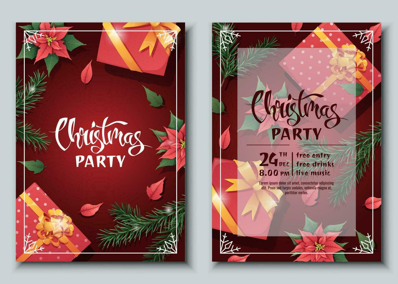 Set of festive Christmas party invitation templates. Flyer, poster with gift box, fir branch and poinsettia. Merry Christmas and Happy New Year. vector