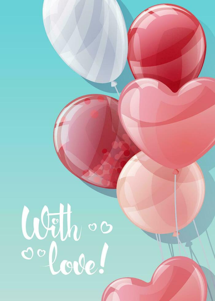 ard design for Valentine s Day and Mother s Day. Poster, banner with balloons on a blue background. Background with flying helium balloons in the shape of hearts. vector