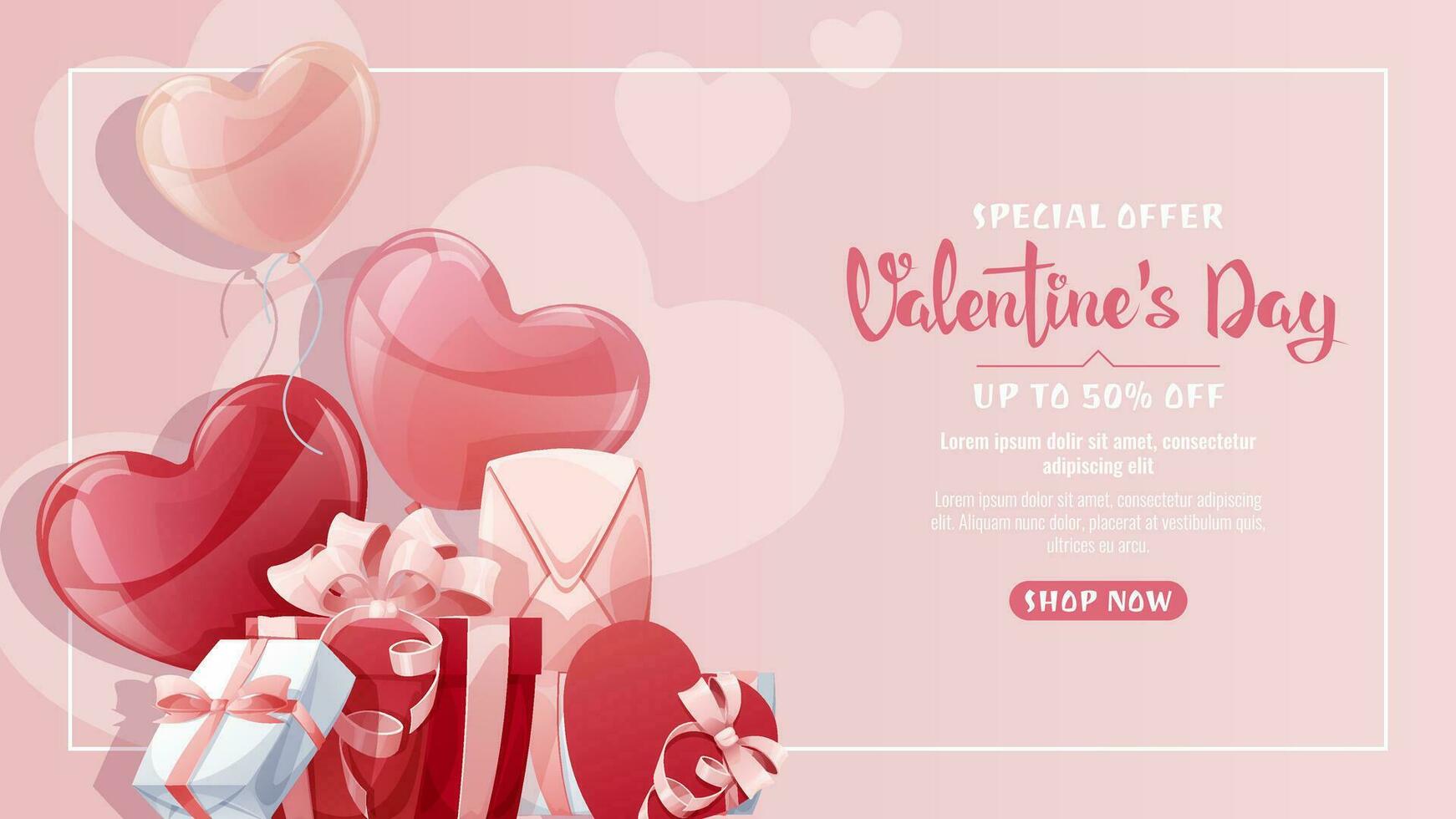 Valentine s Day Sale Banner. Background with balloons and gift box. Flyer, discount offer, advertising. The poster is perfect for a holiday promotion. vector