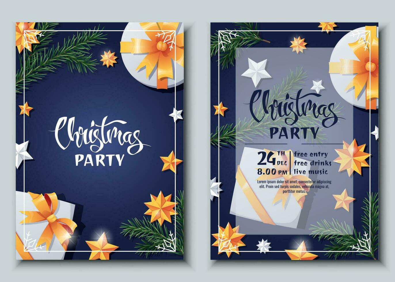 Set of festive Christmas party invitation templates. Flyer, poster with gift box, fir branch and star. Merry Christmas and Happy New Year vector