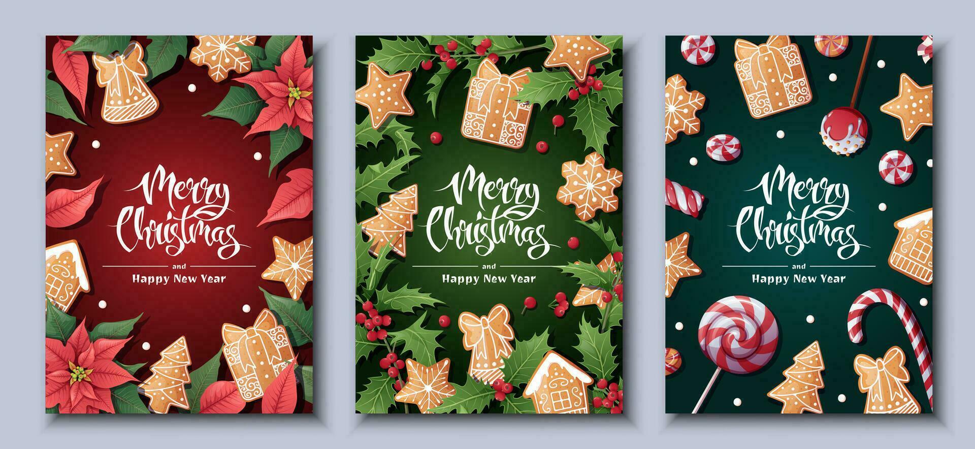 Merry Christmas Holiday cards, flyers and invitations. Festive background with holly, berries, poinsettia decorated with gingerbread. Merry Christmas and New Year vector