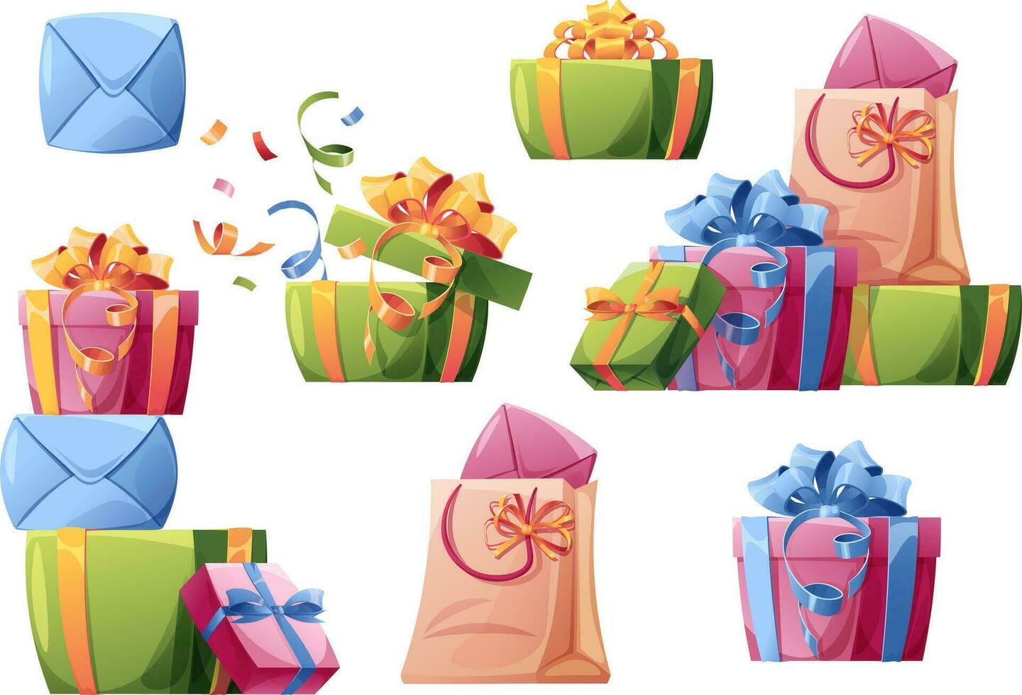 Birthday party elements. Set of gift boxes with bows on isolated background. A bunch of bright gifts for birthdays, Christmas, holidays. Great for stickers postcards banners. vector