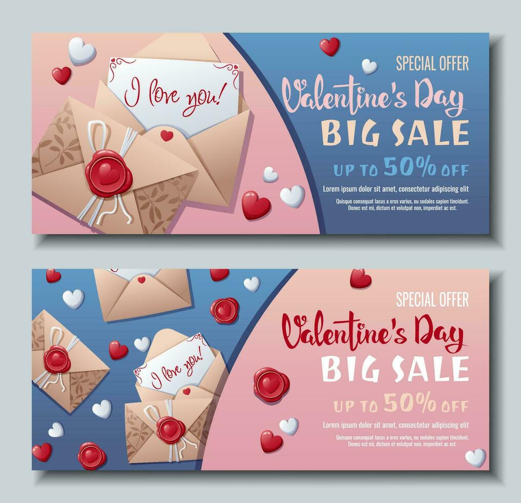 conjunto de pancartas para San Valentín día. fondo, póster, volantes con un amor letra en un sobre con un wok sello y corazones. descuento vale modelo para amor día. vector