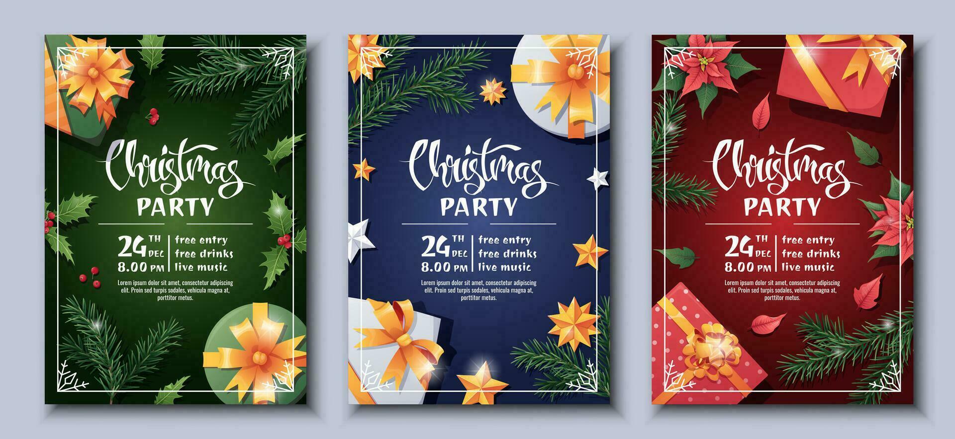 Set of festive Christmas party invitation templates. Flyer, poster with gift box, fir branch, stars, holly, poinsettia. Merry Christmas and Happy New Year vector