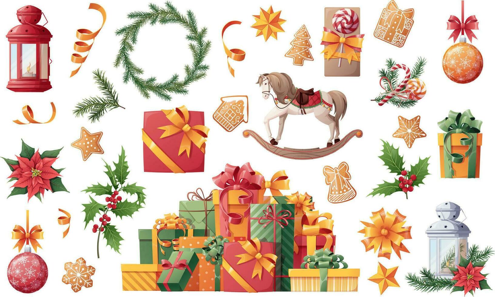 conjunto de Navidad elementos, decoraciones, juguetes en un aislado antecedentes. un montón de regalos. Navidad plantas, abeto, flor de pascua, acebo. nuevo año pegatina conjunto vector