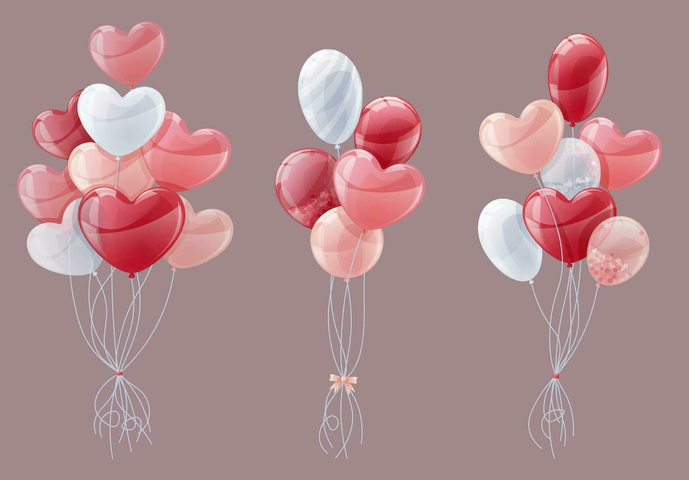 conjunto de racimos de rojo y rosado globos en un aislado antecedentes. en forma de corazon globos para San Valentín día, boda, día festivo. vector