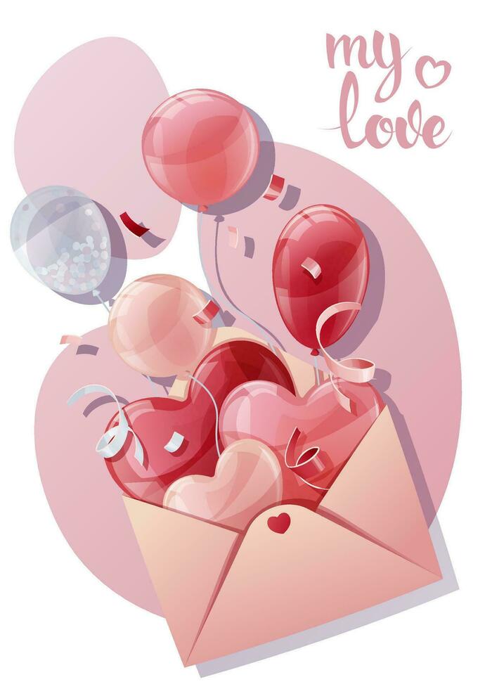 Card design for Valentine's Day and Mother's Day. Poster, banner with envelope and balloons. Background with flying helium balloons in the shape of hearts. vector