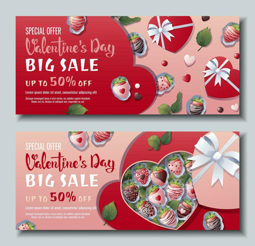 Set of banners for Valentine's Day. Background, poster, flyer with a box of chocolate covered strawberries and a heart. Discount voucher template for love day. vector
