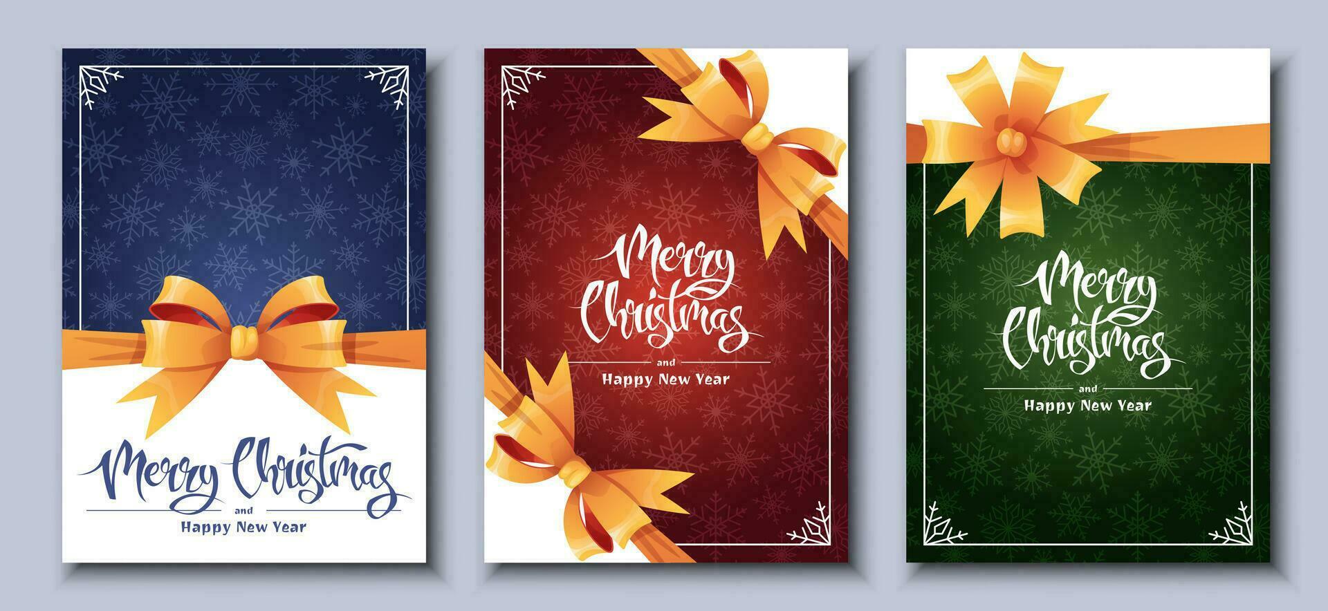 Set of Christmas cards template design. Cover for a holiday menu with snowflakes and a gold bow. Merry Christmas and Happy New Year vector