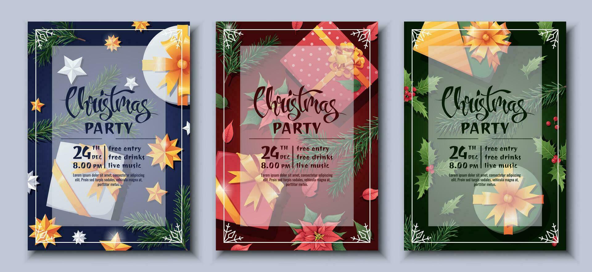 Set of festive Christmas party invitation templates. Flyer, poster with gift box, fir branch, stars, holly, poinsettia. Merry Christmas and Happy New Year vector