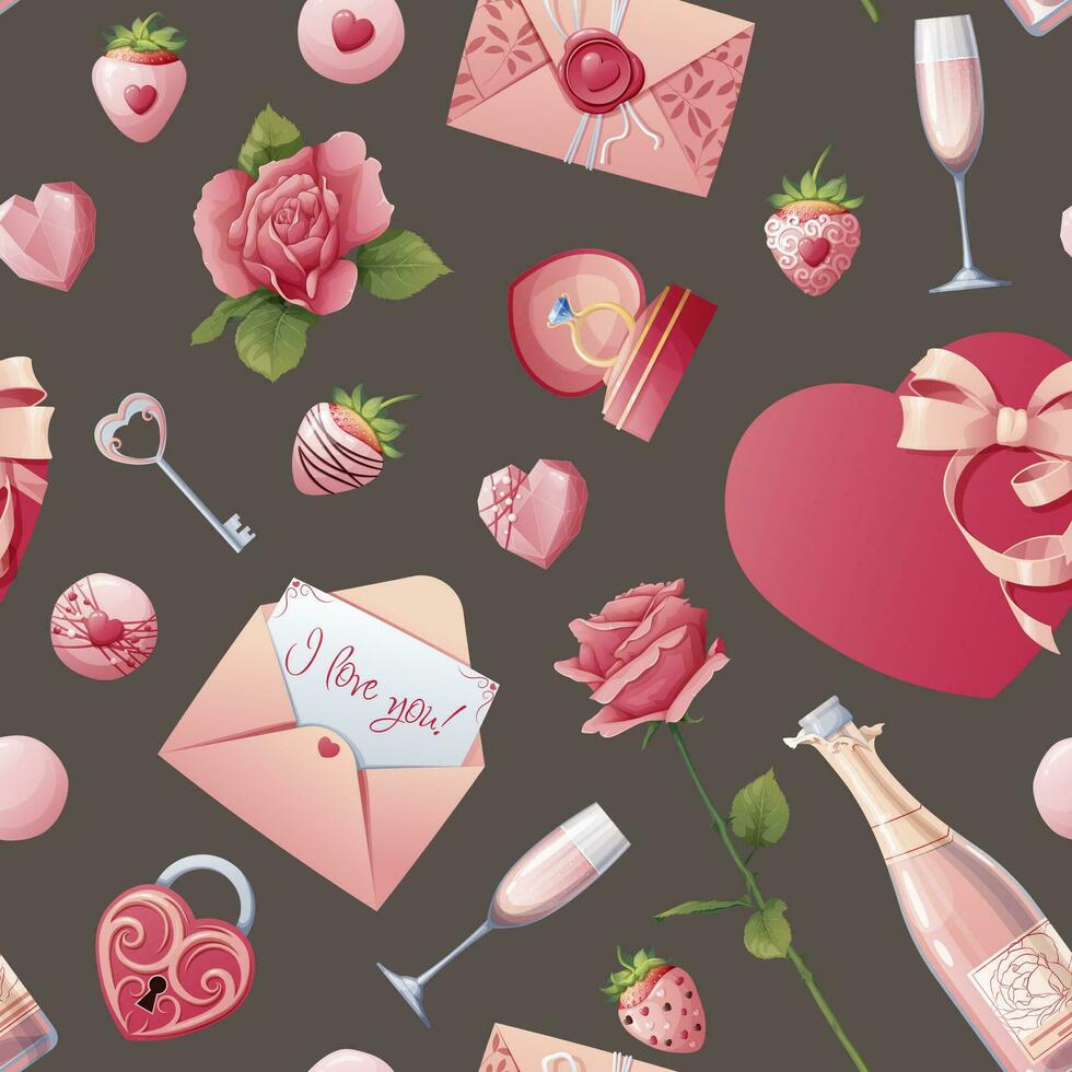 sin costura modelo con rosas, champán, fresas, golosinas con corazones. genial para envase papel, tela, fondo de pantalla, textiles. antecedentes para enamorado s día. vector