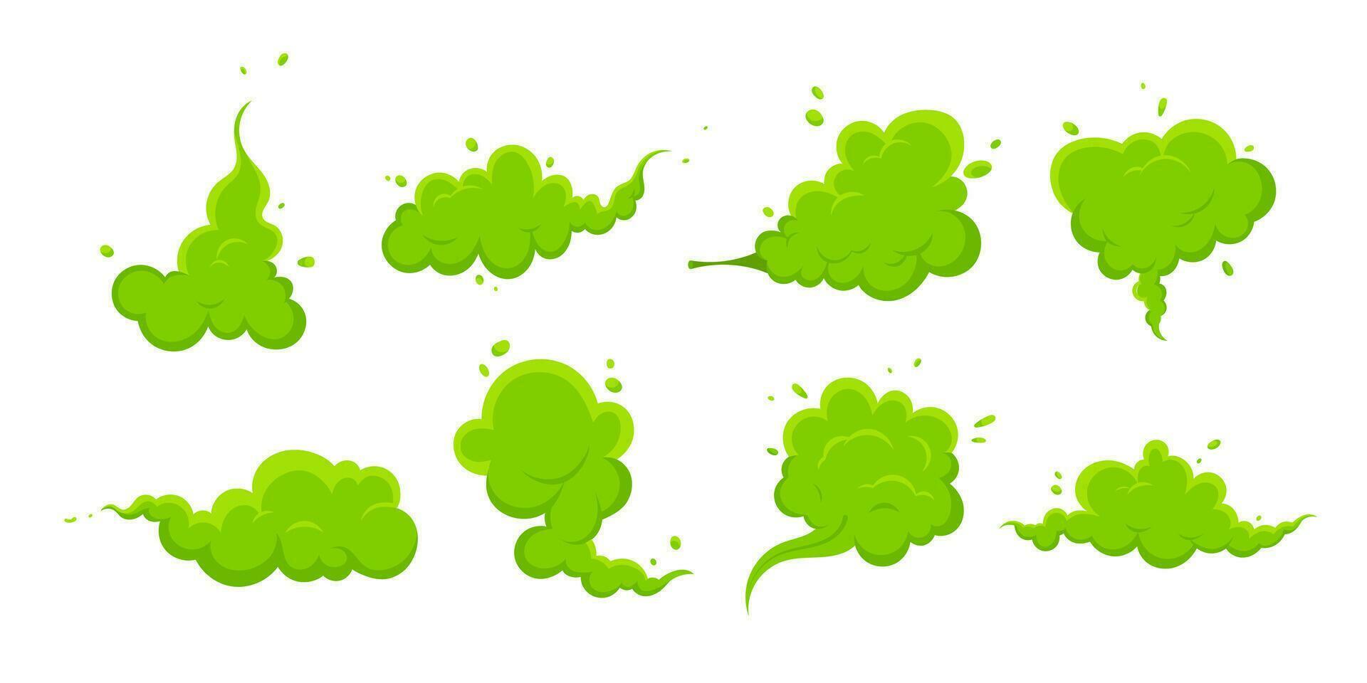 Smelling green cartoon smoke or fart clouds flat style design vector illustration set. Bad stink or toxic aroma cartoon smoke cloud isolated on white background.