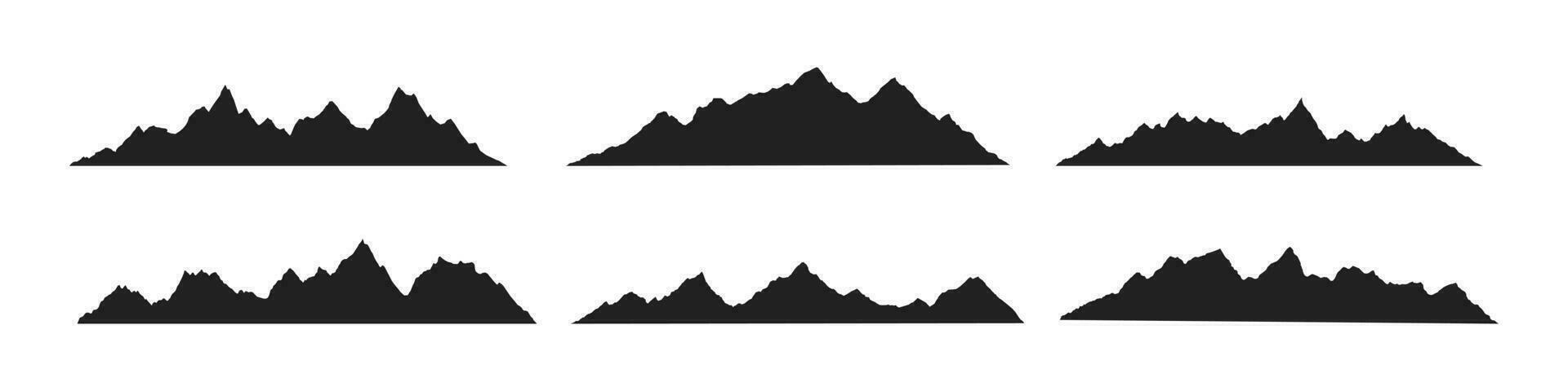 Mountain ridges peak silhouettes flat style design vector illustration set isolated on white background. Rocky mountains peaks with various ranges outdoor nature landscape background design elements.