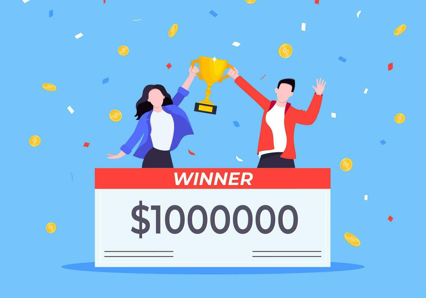 Happy lottery winners with big prize paycheck. vector