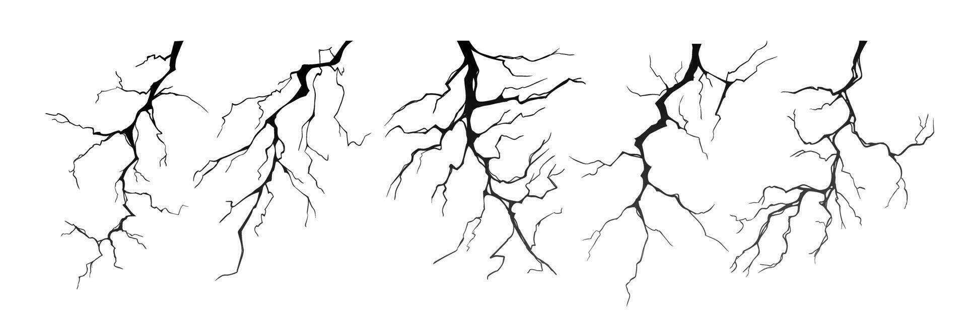 Lightning strike bolt silhouettes vector illustration set.