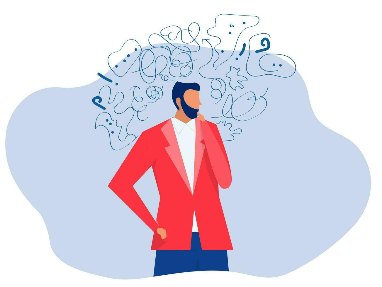 Man suffers from obsessive thought headache unresolved issues psychological trauma depression.Mental stress panic mind disorder illustration Flat vector illustration.