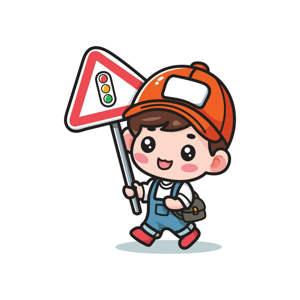 cute vector design illustration of little boy carrying traffic sign symbol