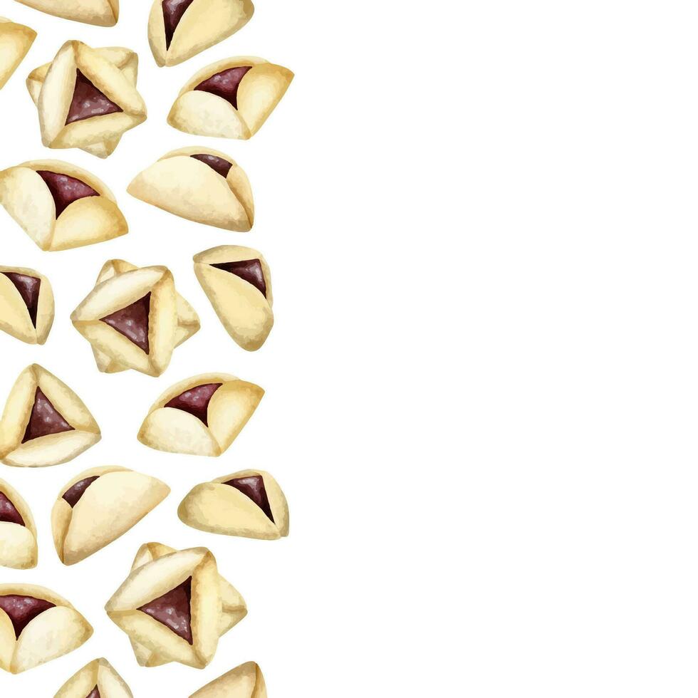 Hamantaschen cookies vertical border. Purim greeting template or banner. Traditional jewish purim dessert. Oznei Haman vector