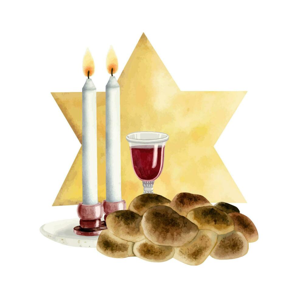 Shabbat concept with challah bread, goblet of wine, candles and star of David watercolor vector illustration