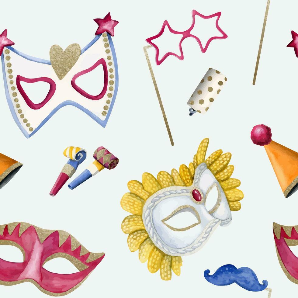 Carnival seamless pattern with watercolor masks and photo booth accessories for Mardi Gras and Purim vector