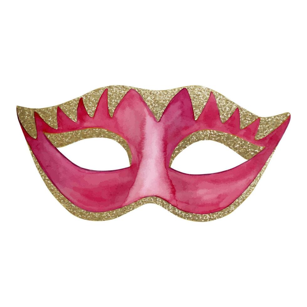 Red magenta Purim masquerade mask in Venetian style carnival mask, hand drawn watercolor vector illustration