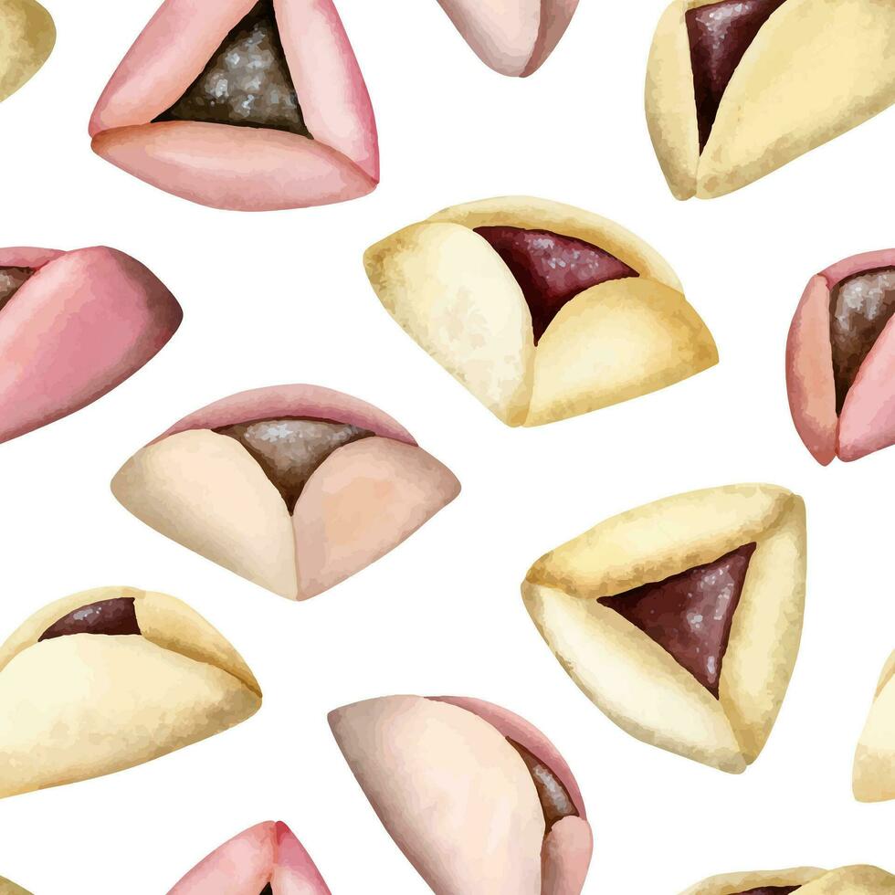 Purim vector seamless pattern with watercolor hamantaschen cookies in beige and pink colors