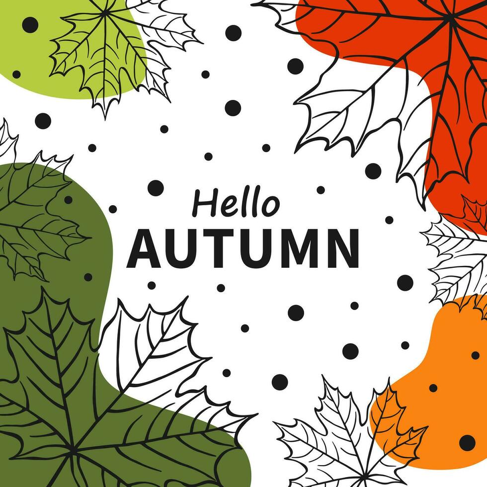 tarjeta de otoño brillante. hermoso cartel con hojas y texto. tarjetas de vacaciones de otoño. ilustración vectorial dibujada a mano. vector