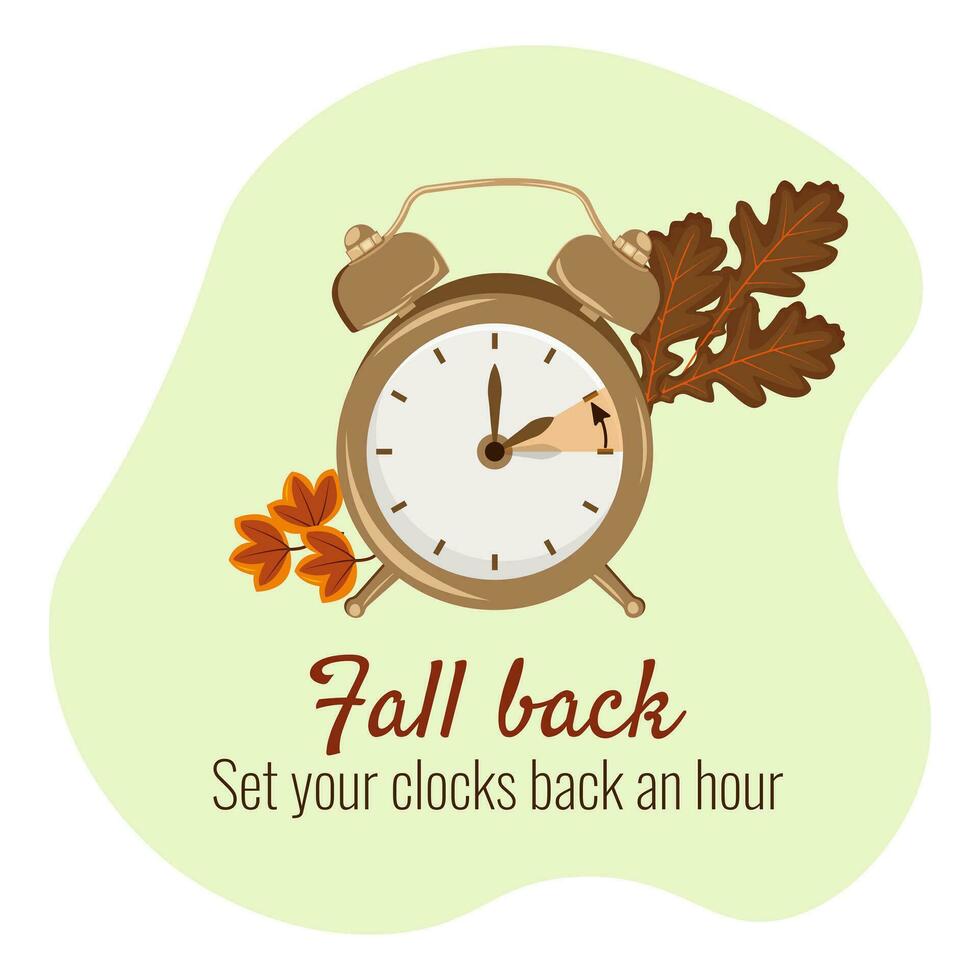 Daylight saving time, concept. Alarm clock on the autumn leaves background. The reminder text - set clock back one hour. Vector illustration