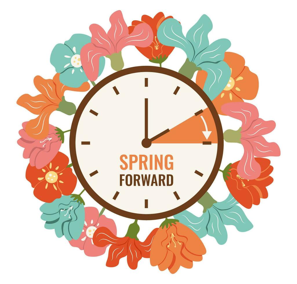 Hand of Clocks turn to Summertime. Spring Forward reminder. Vector illustration in flat style with bright, rich flowers and leaves isolated on white background. Summer time in March.