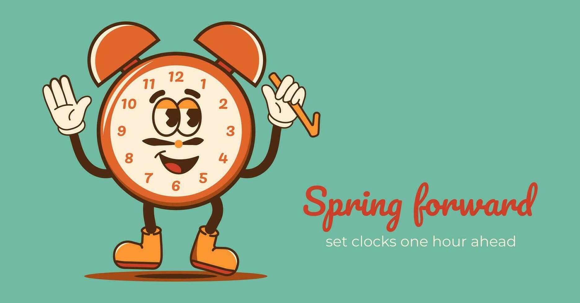Groovy clock Daylight Saving Time banner. Happy face turn to summertime. Spring Forward reminder. Vector illustration in cartoon style