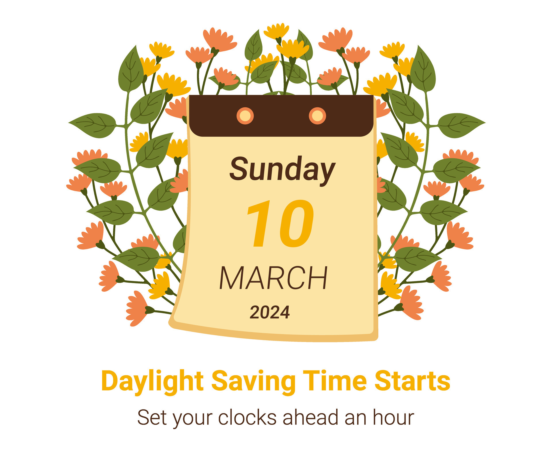 Daylight Saving Time begins concept in March 2024. DST starts in USA