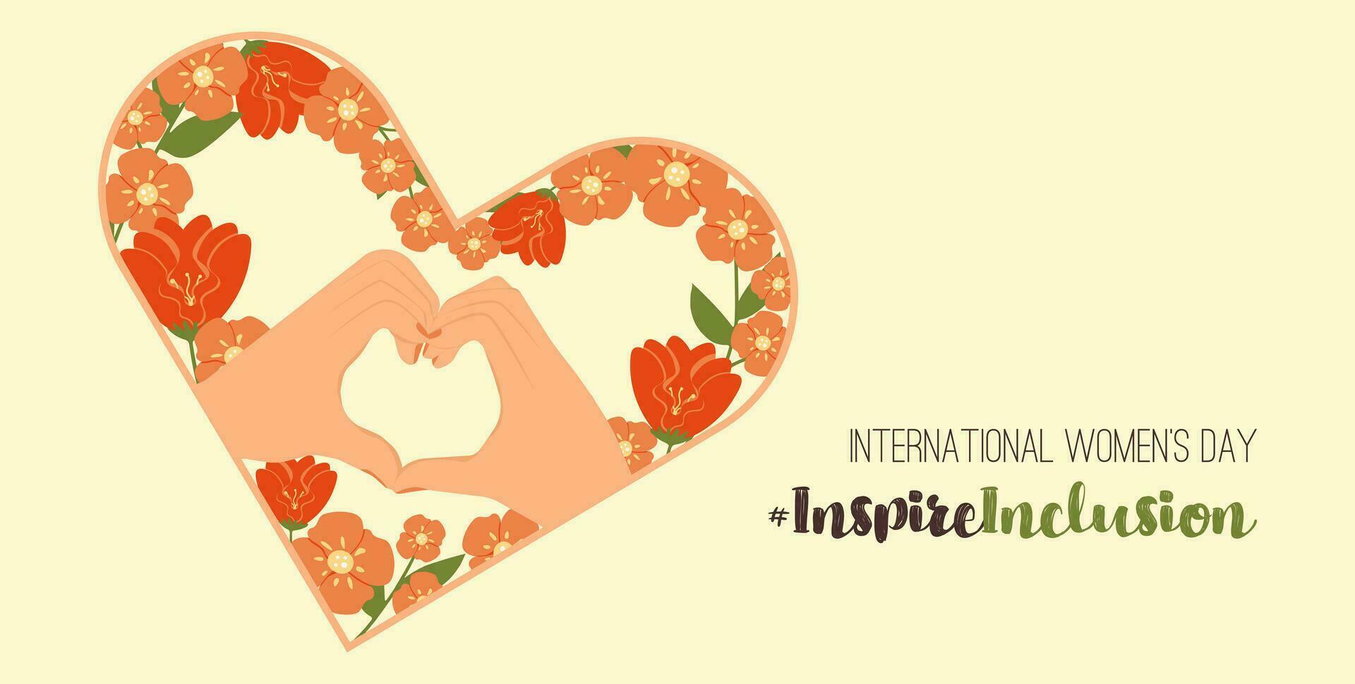 Hands gesture as heart shape banner Inspire Inclusion 2024 move. International Women's Day. Flat illustration. IWD InspireInclusion horizontal design with spring flowers vector