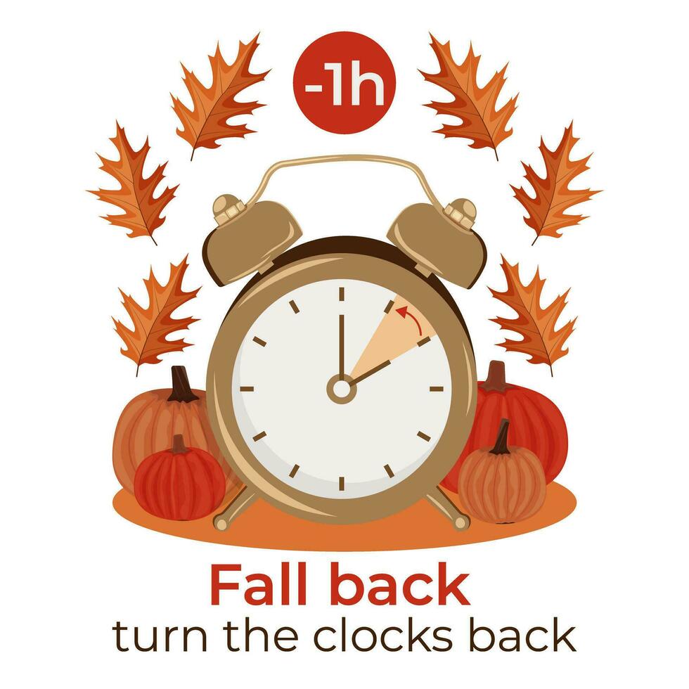 Daylight Saving Time concept. Autumn landscape with text Fall Back, the hand of the clocks turning to winter time. Pumpkins and autumn leaves. clock turning an hour back vector
