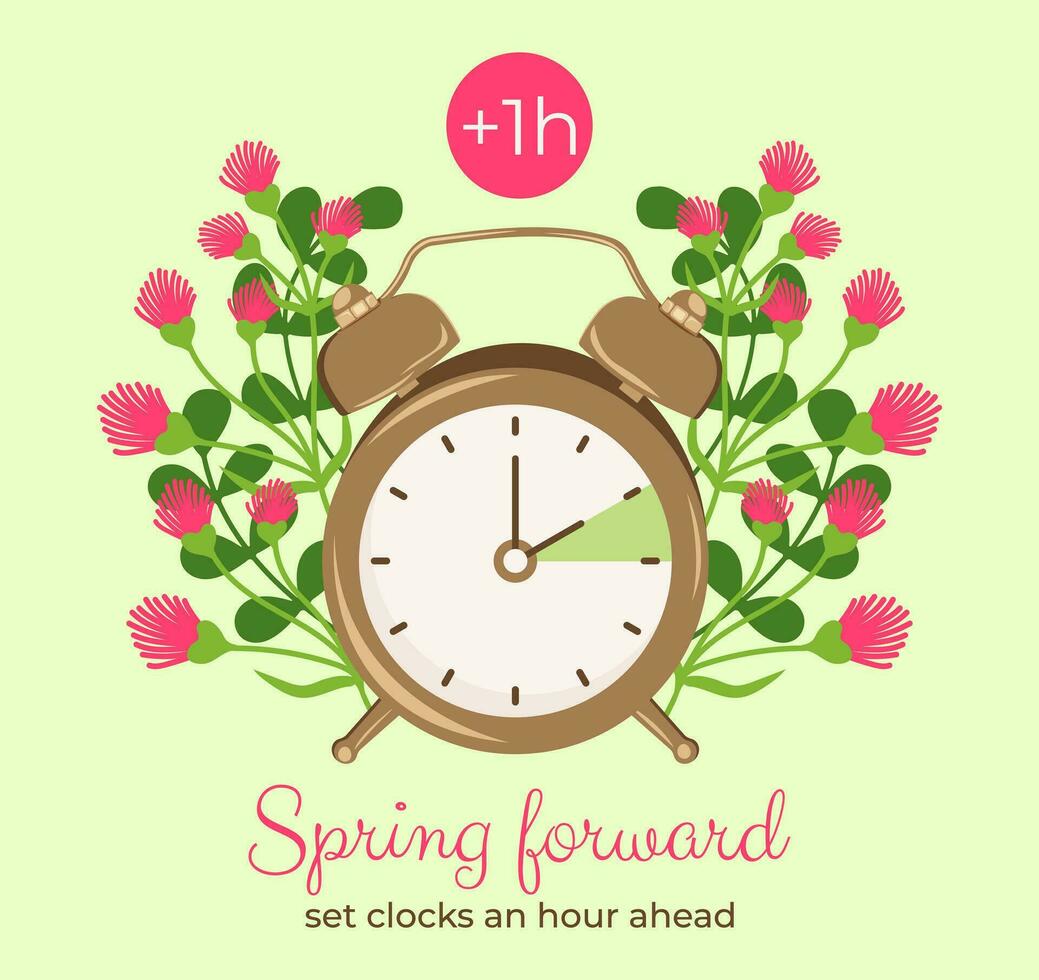 Spring forward poster, set your clocks ahead one hour. Alarm-clock with hand points onward on flowers frame. Daylight saving time begins. Summertime Flat pink floral vector illustration.