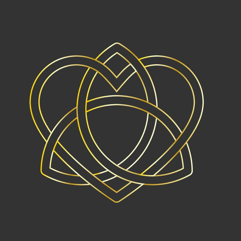 Golden Triquetra cross thin line. Trinity symbol with heart shape. Love forever, wedding or passion concept. Vector illustration on black background