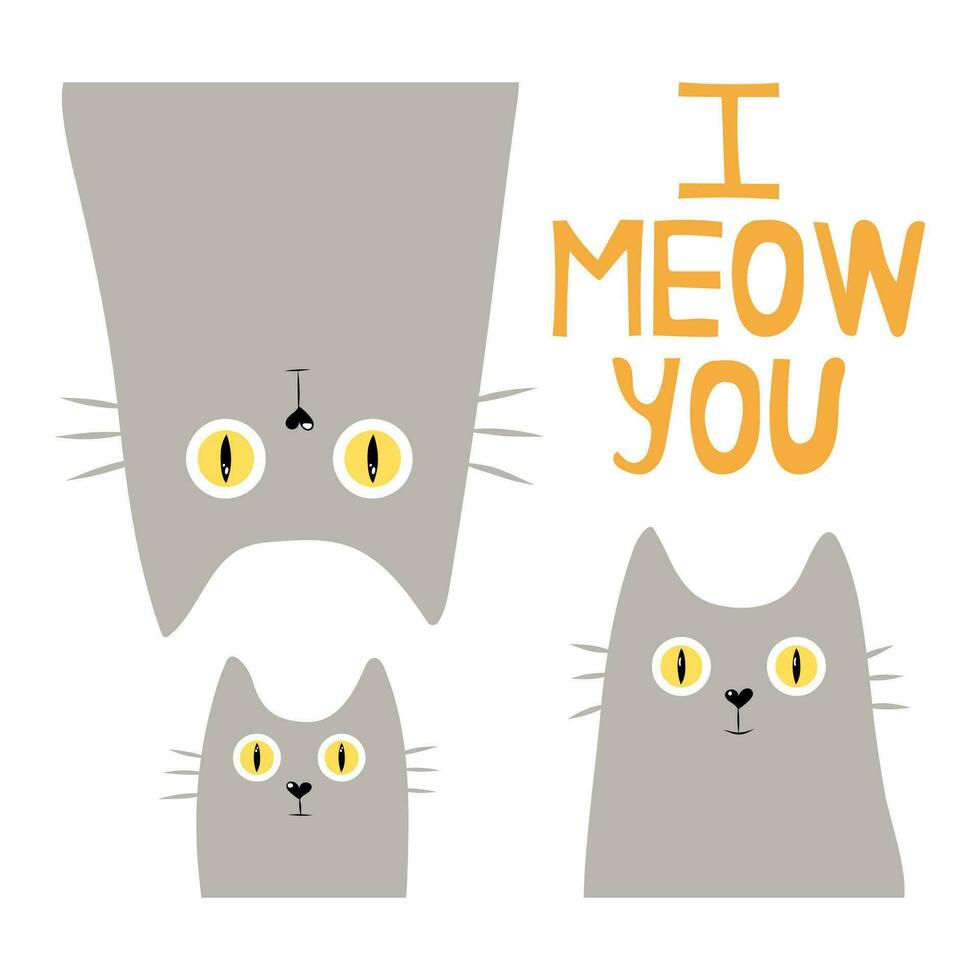 Valentine's Day Card with Cute grey Cats. Simple vector illustration for card design and for children. Pets concept, love and family concept. Isolated vector illustration.