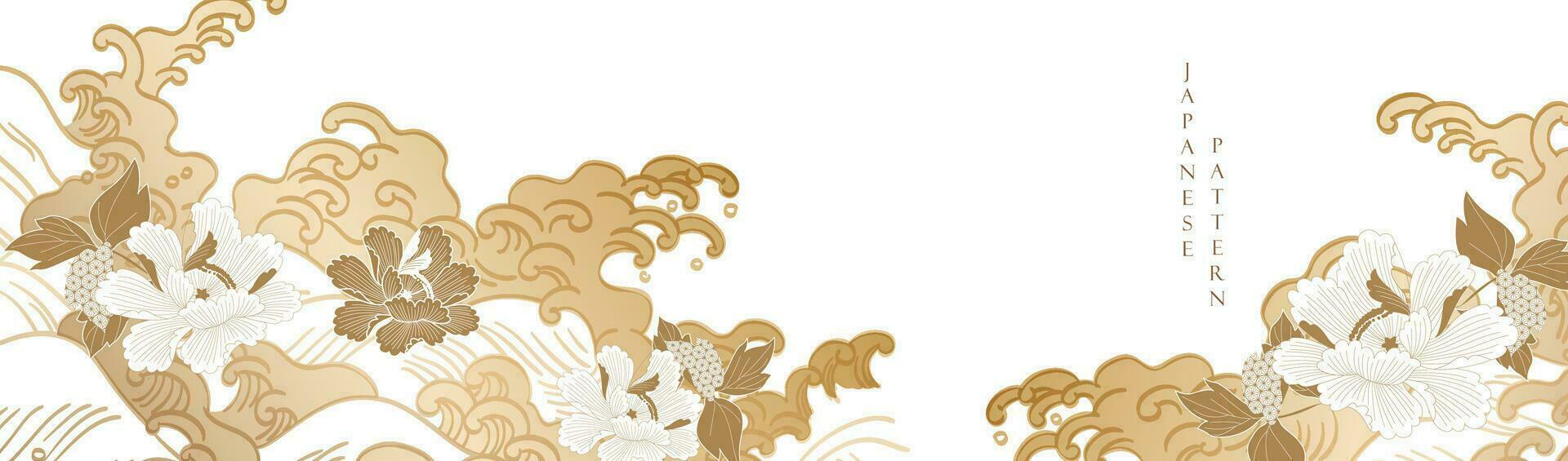 Japanese background with gold  texture vector. Peony flower, hand drawn wave chinese ocean wave decorations banner in vintage style. Art abstract floral pattern design. vector