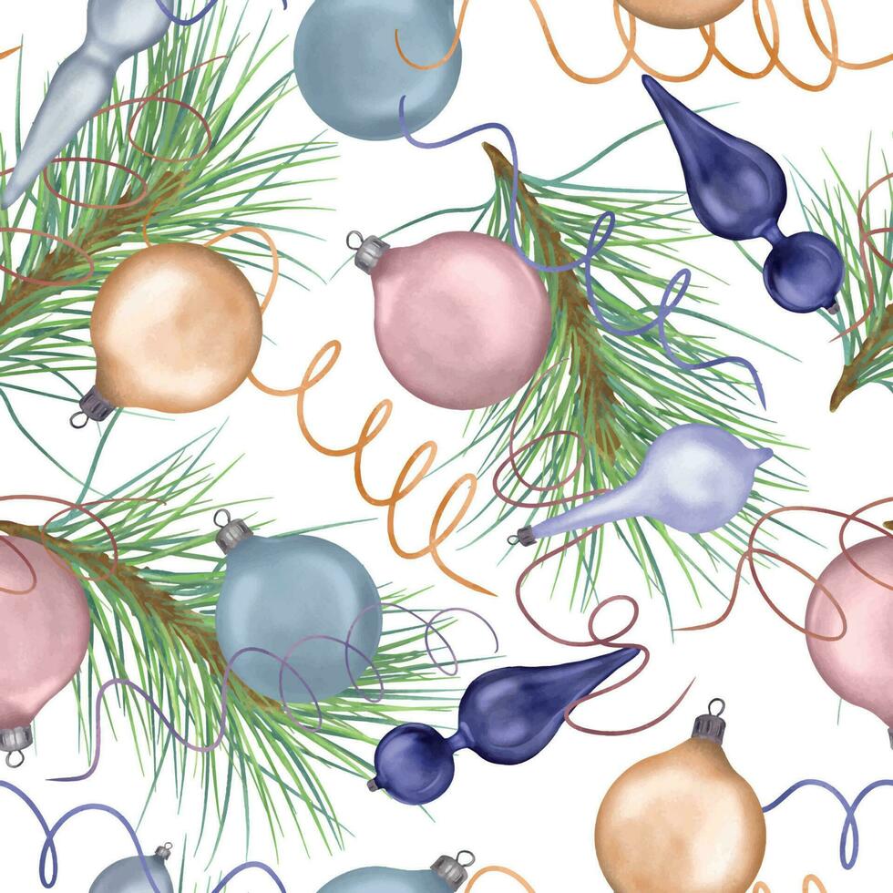 Christmas seamless pattern with Christmas ornaments, tree digital illustration isolated on white. Holiday symbol, serpentine hand drawn. Element for new year design wrapping, textile, background vector