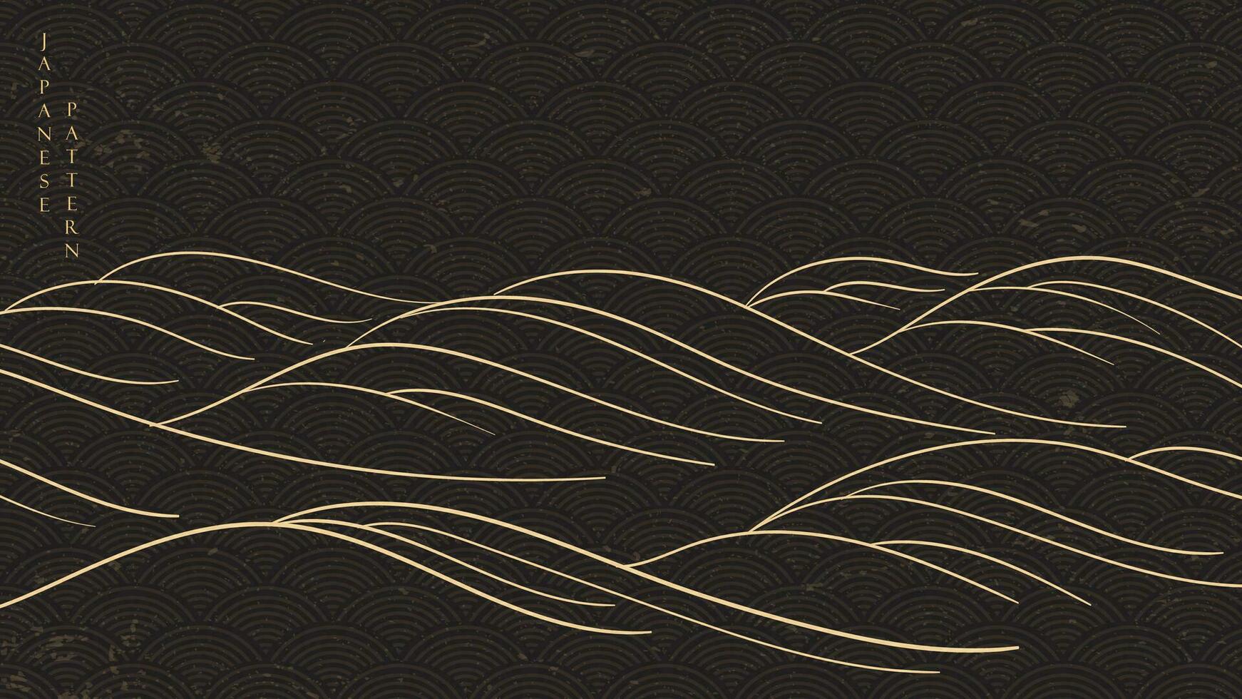 Japanese black background with Gold line wave texture in vintage style vector. Abstract art pattern. Template and banner design in oriental style. vector