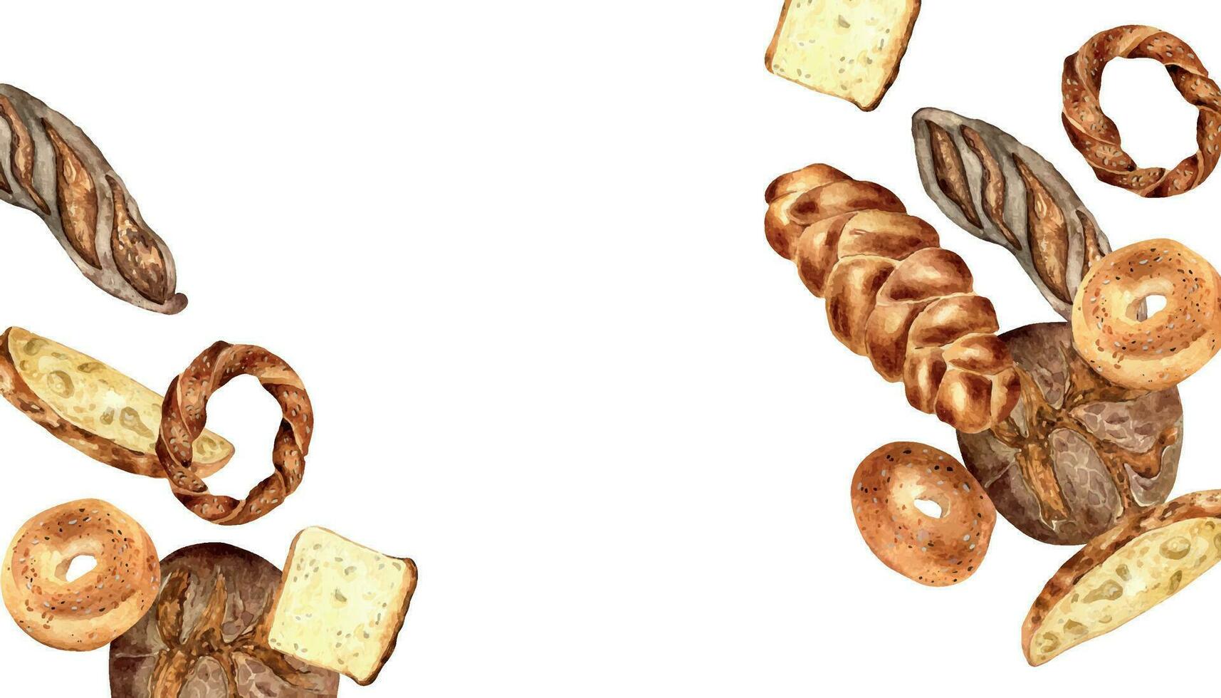 Board of different kinds bread watercolor isolated on white. Hand drawn rye bread, toast for bakery. Painted challah, bagel. Illustration of simit, loaf. Element for design bakeshop, packaging, menu vector