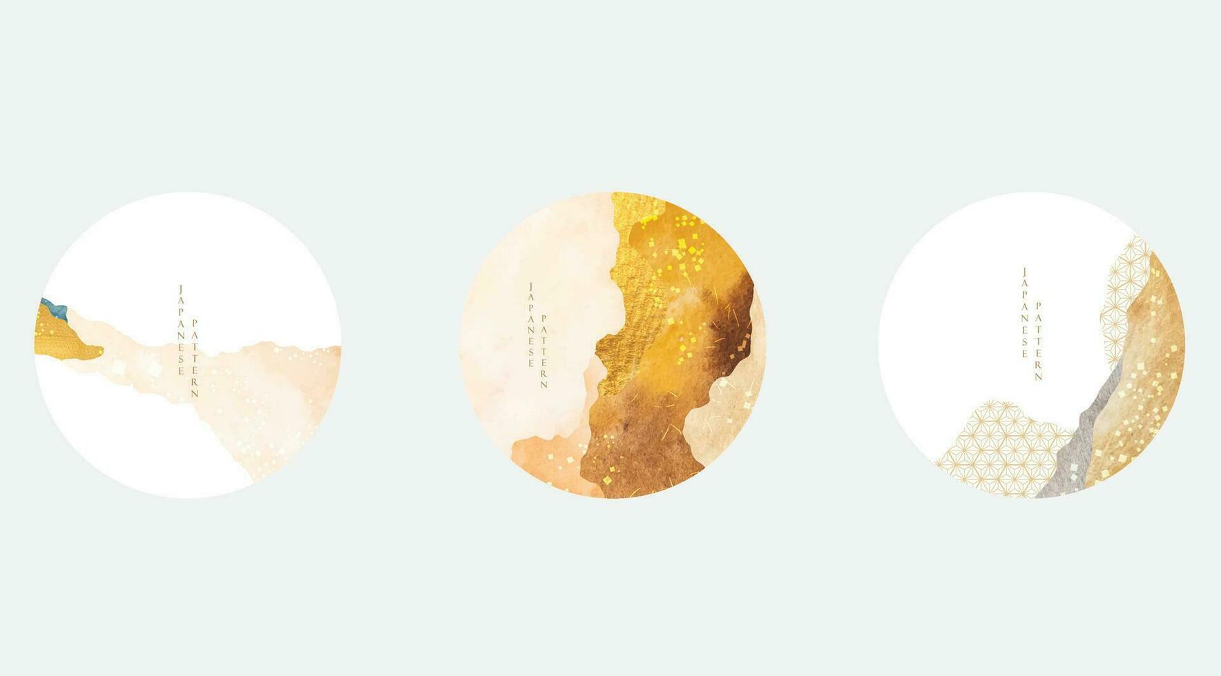 Japanese background with watercolor texture vector. Abstract art template with geometric pattern. Mountain layout design in oriental style. Yellow and gold circle shape banner. vector