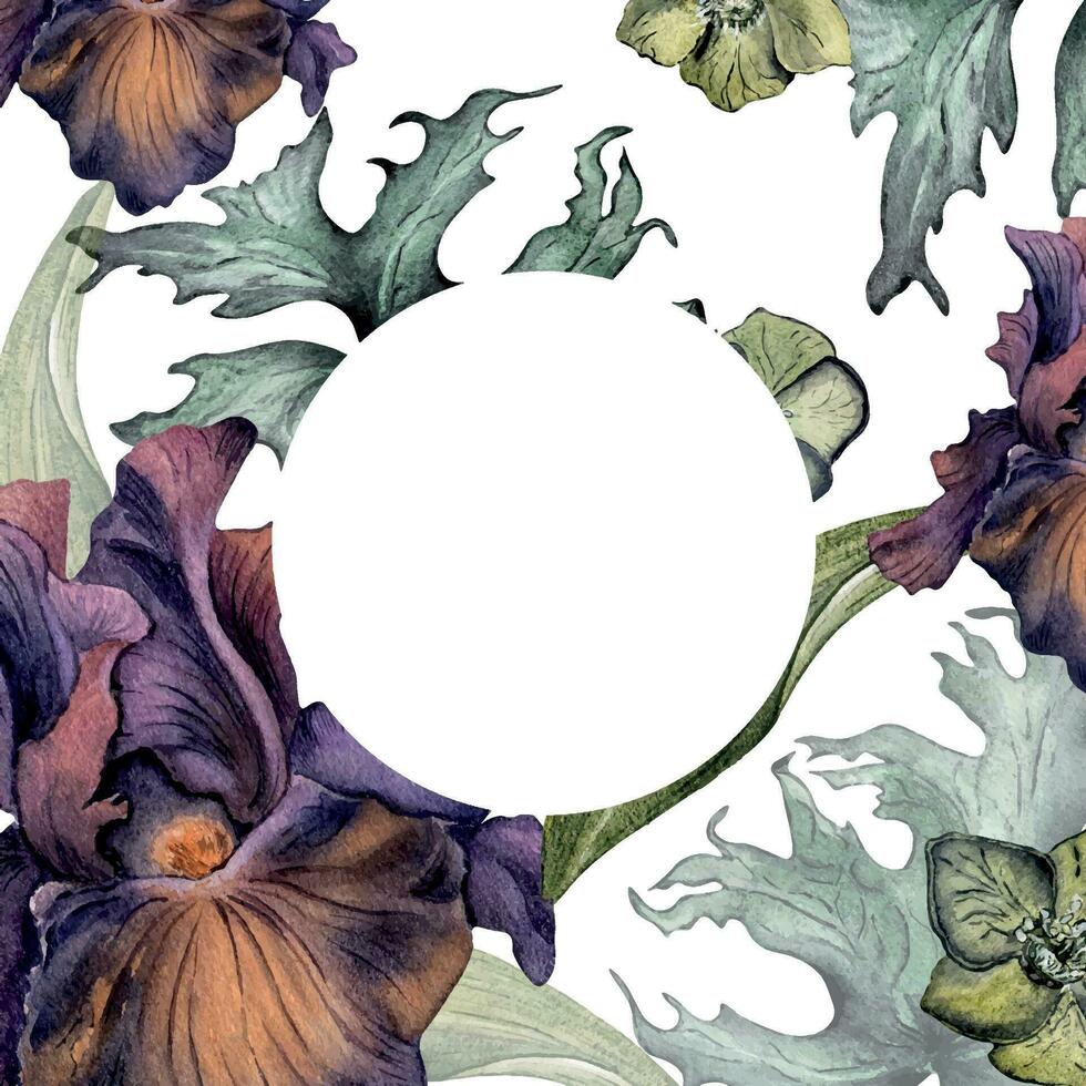 acuarela púrpura iris flor y hojas aislado en blanco. gótico floral circulo marco mano dibujado. oscuro botánico Boda decoración en Clásico estilo. elemento para invitación, paquete, tarjeta, impresión vector