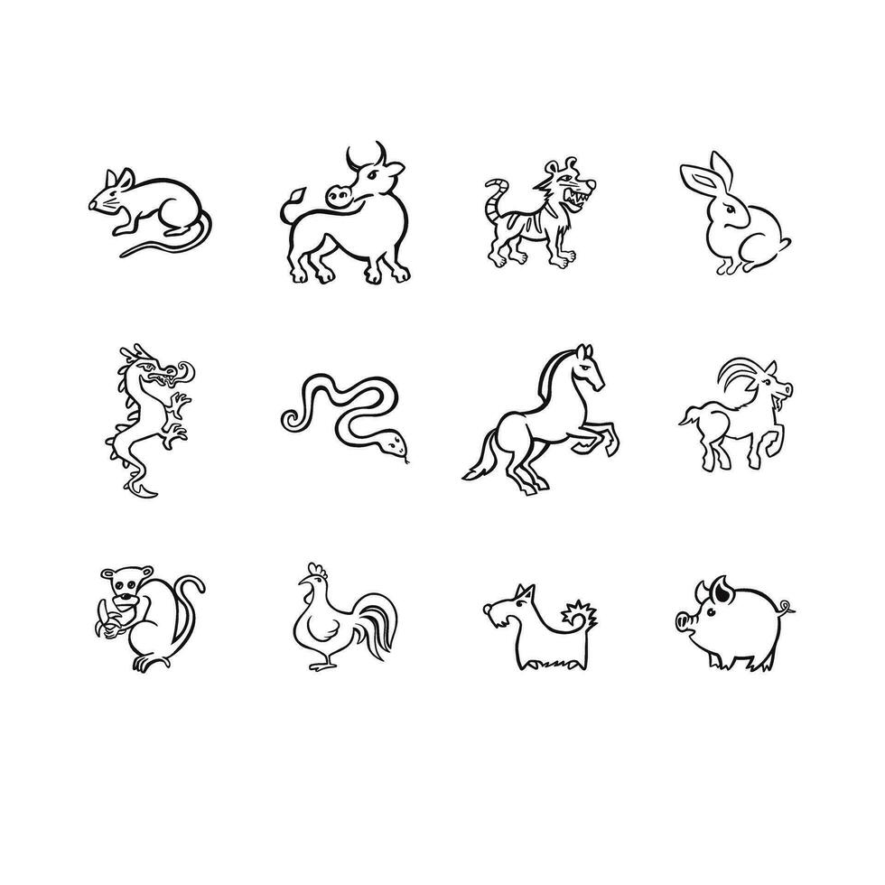 Set of Eastern horoscope Symbols, line symbol of the year, outline vector illustration