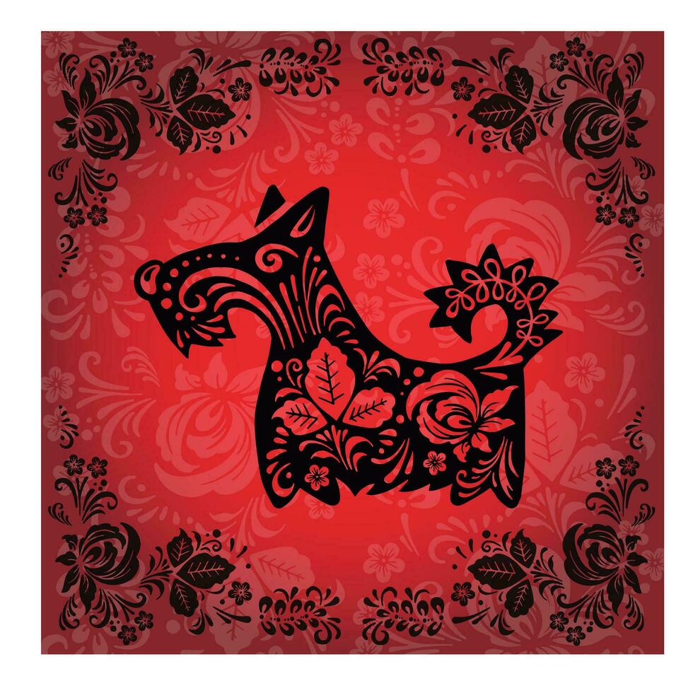 dog card in red and black colors in ethnic Russian style, symbol of the year, vector illustration