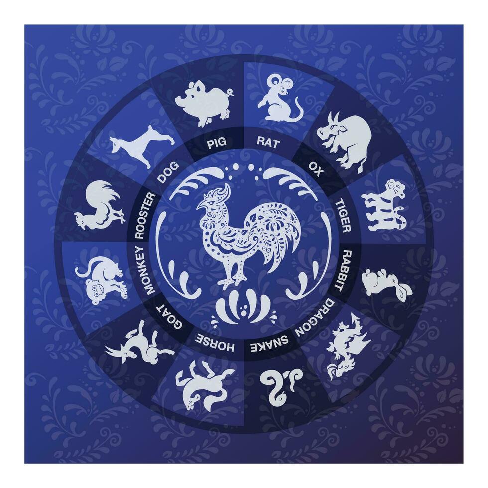 Card with rooster, hen with blue flowers in ethno-boho style and vector illustration eps 10