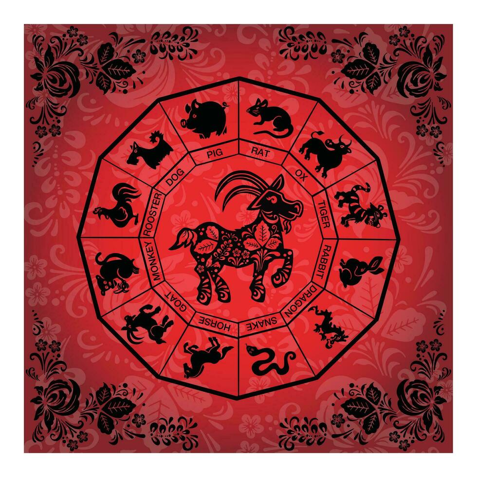 Goat equestrian card in red and black colors in ethnic Russian style, symbol of the year, vector illustration