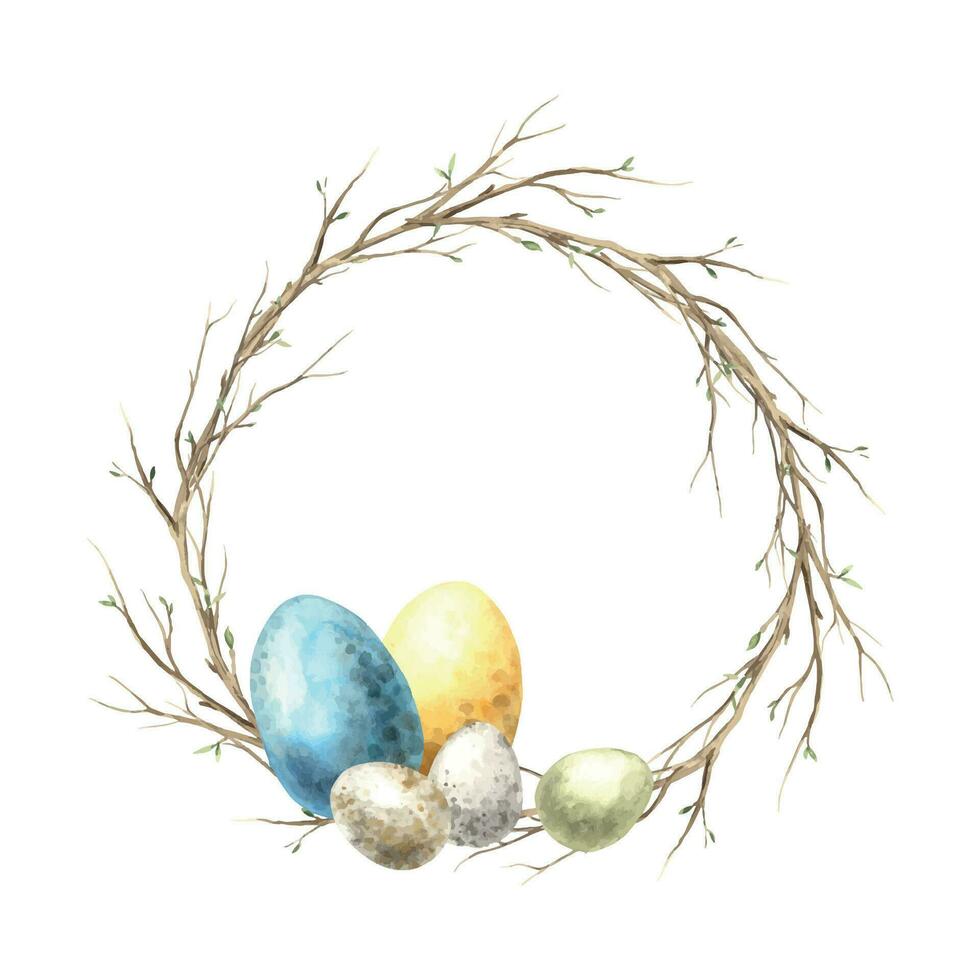 Watercolor wreath of spring twigs with multi-colored eggs. Easter holiday illustration hand drawn. Sketch on isolated background for greeting cards, invitations, happy holidays, posters, decor vector