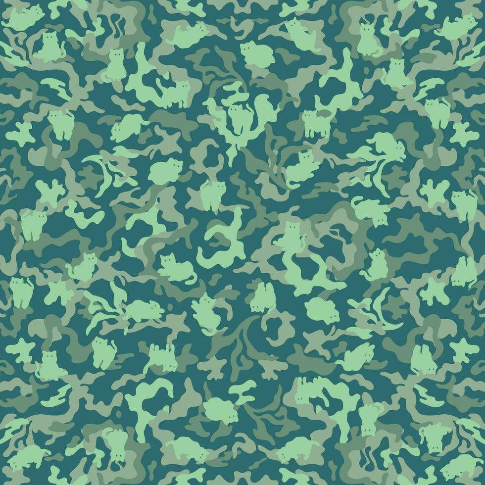 a green camouflage pattern background with cats vector